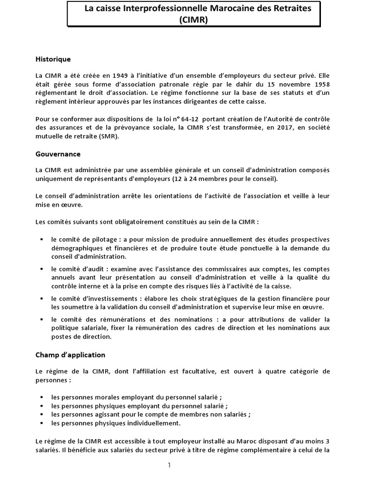 Taux et fonctionnement de la CIMR au Maroc | PDF | Retraite | Retraites