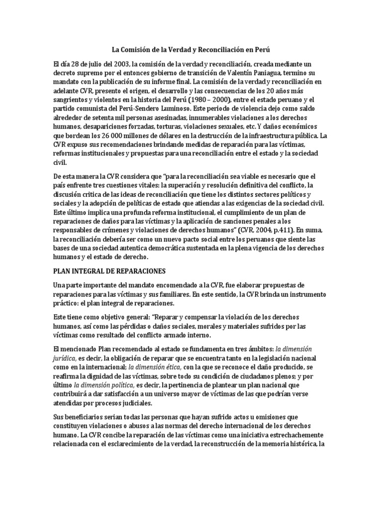 La Comisión de La Verdad y Reconciliación en Perú Modificando | PDF ...