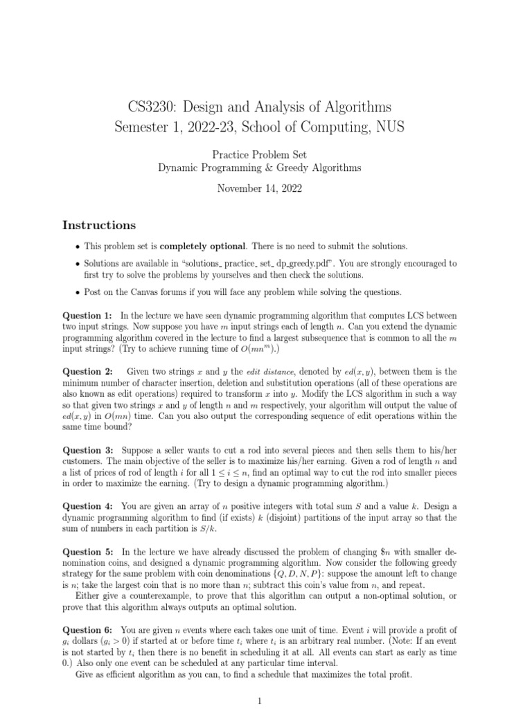 Practice Set DP Greedy | PDF | Dynamic Programming | Algorithms And ...