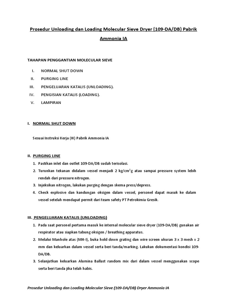 Prosedur Unloading Dan Loading Molecular Sieve Dryer | PDF