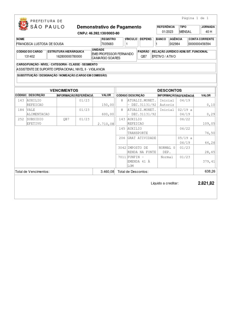 Demonstrativo de Pagamento 01/2023 | PDF