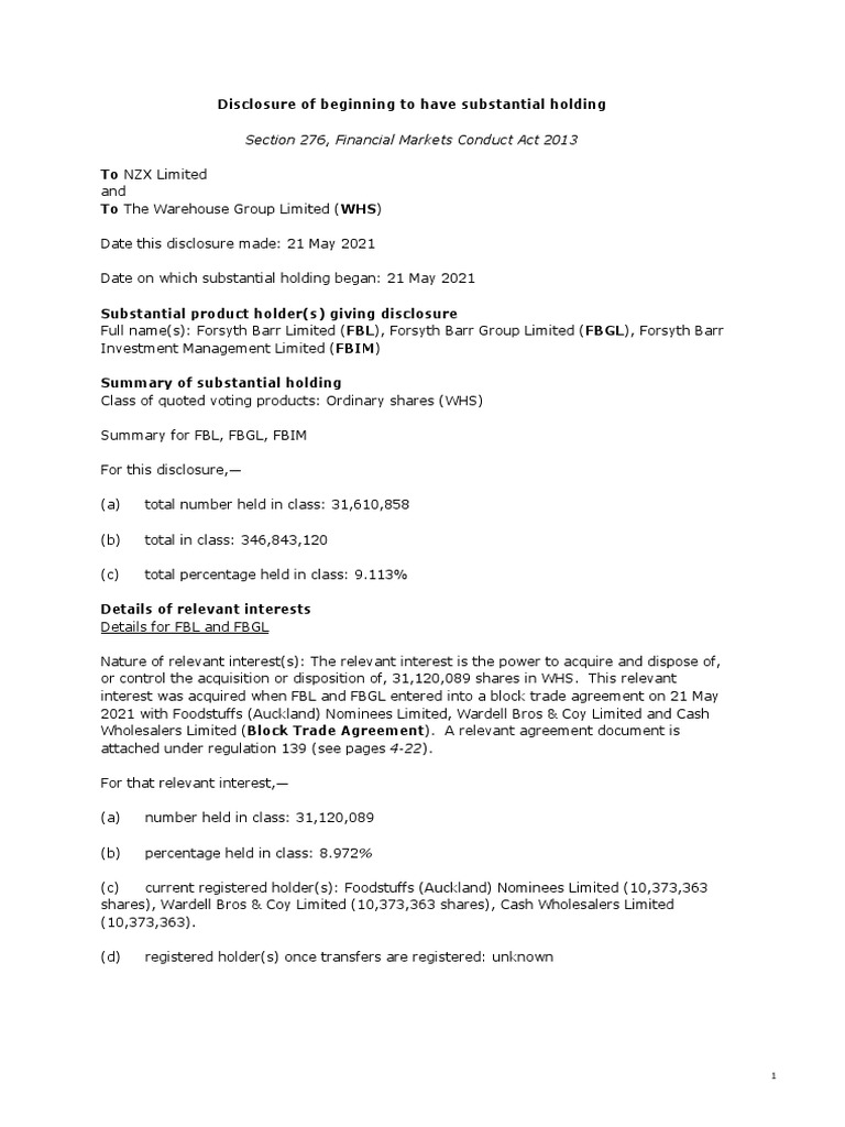 The Warehouse Group Limited Block Trade Agreement 2021 PDF