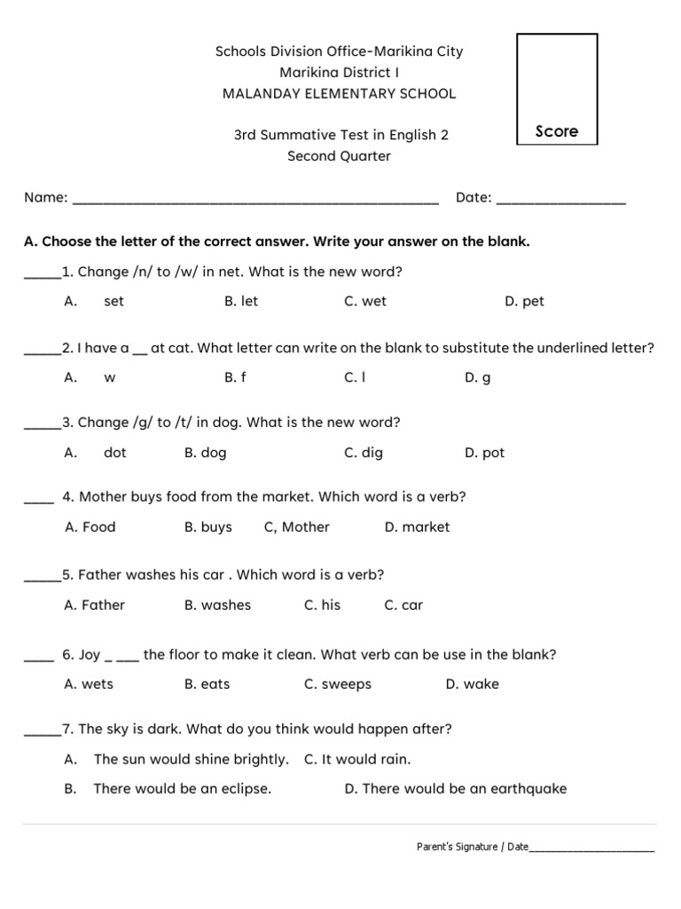 Grade 2 English 3rd Summative Test | PDF | Language Arts & Discipline ...