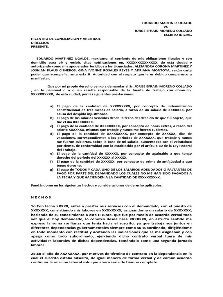 Demanda Laboral Ante El Centro de Conciliacion y Arbitraje | PDF