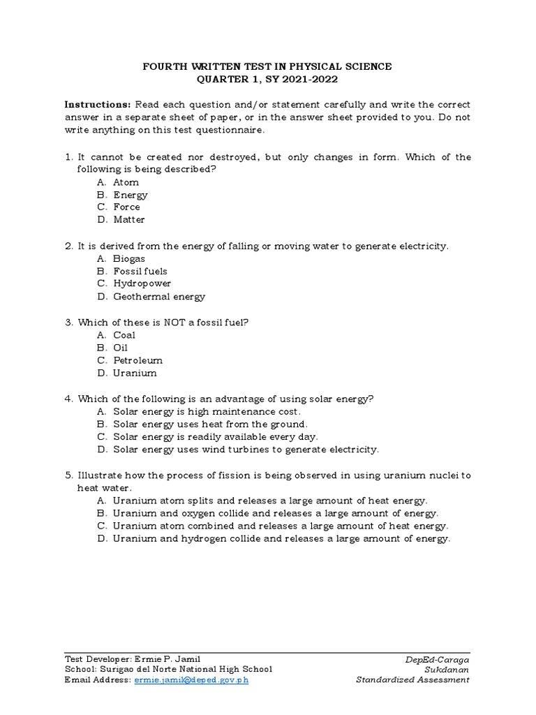 PS Q1 Summative Test 4 | PDF | Energy Development | Renewable Energy