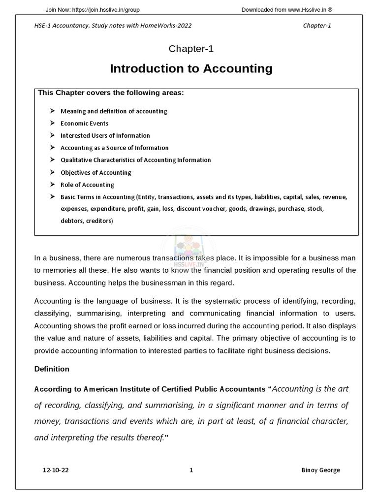Hsslive Xi Acc CH 1 Binoy George | PDF | Expense | Bookkeeping