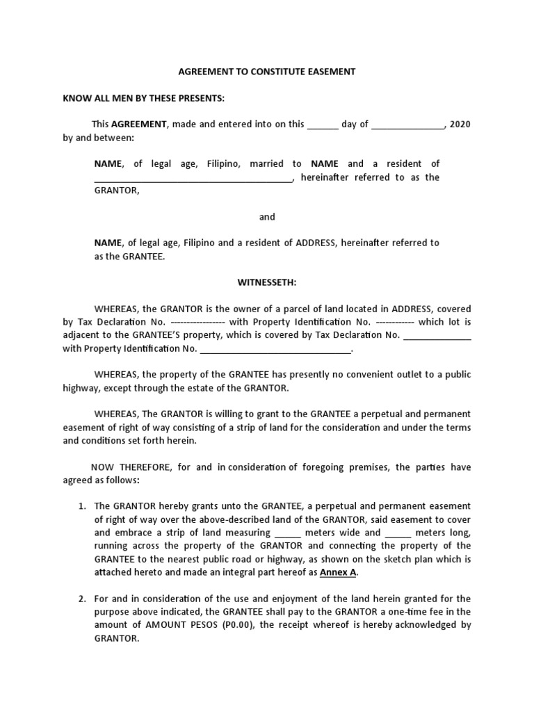 AGREEMENT TO CONSTITUTE A PERPETUAL EASEMENT OF RIGHT OF WAY PDF Easement Civil Law (Legal
