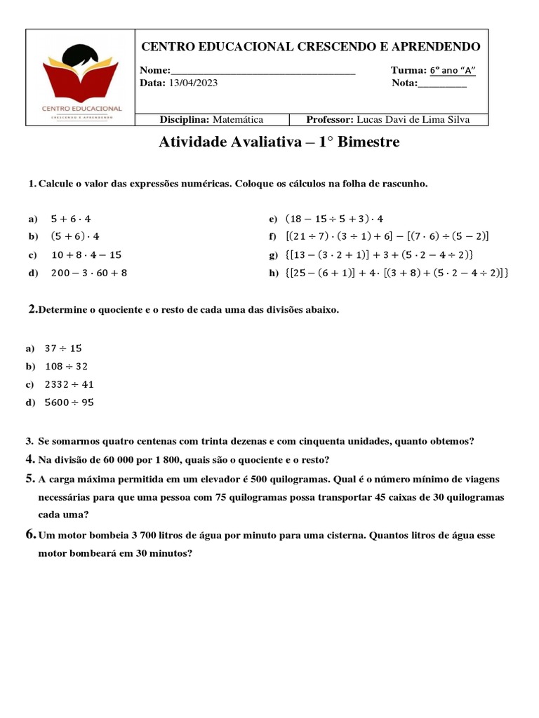 Avaliação Do Primeiro Bimestre | PDF