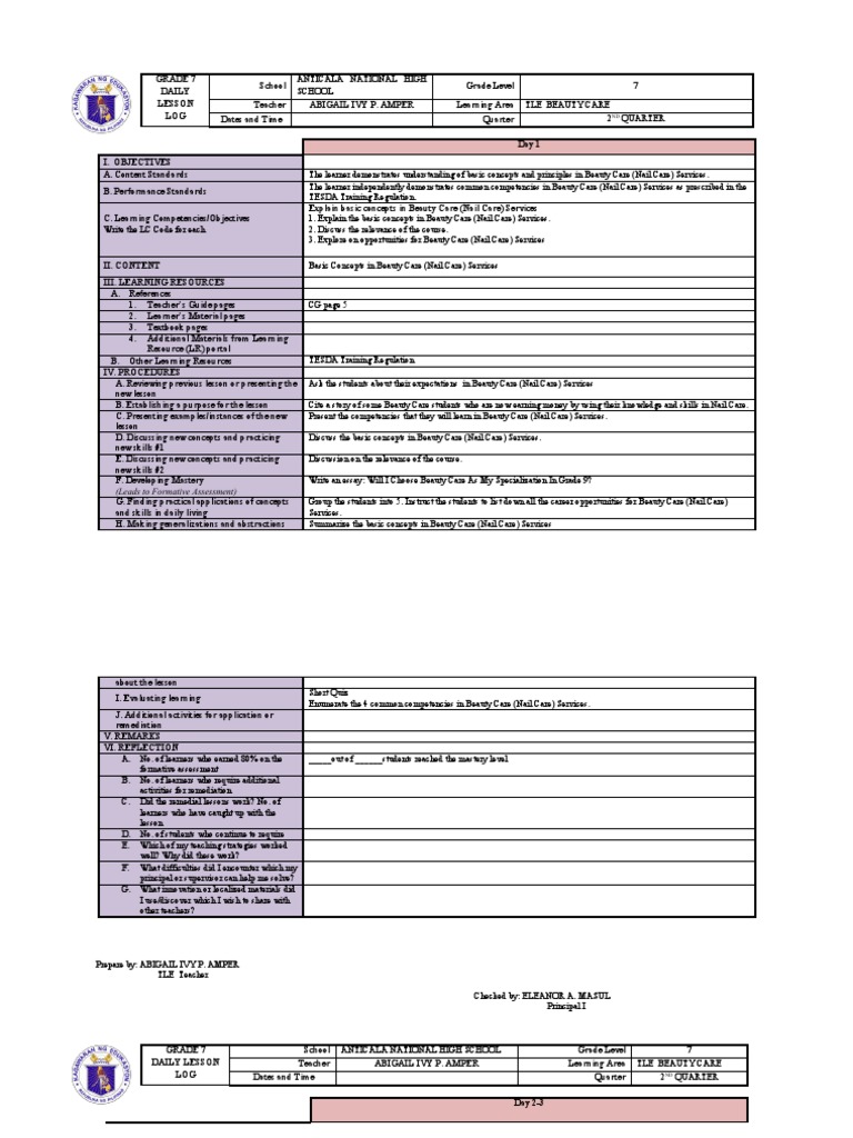 Grade 7 TLE Beauty Care Lesson Plan | PDF | Learning | Educational ...