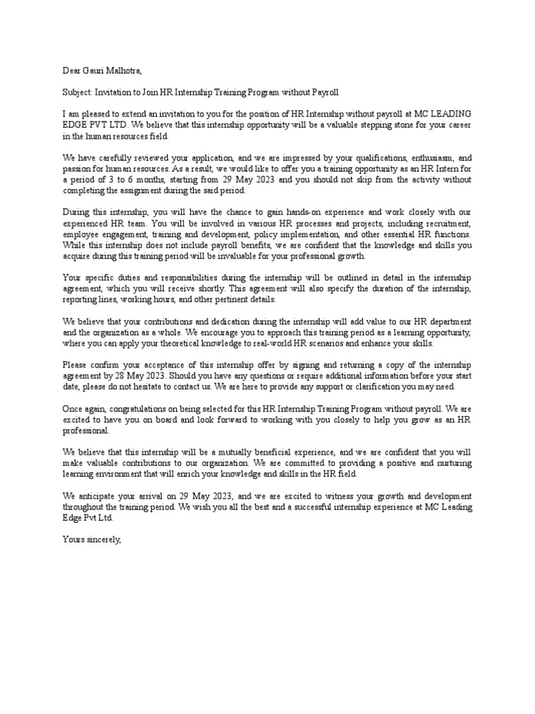 Internship Invitation Pdf Internship Job Hunting