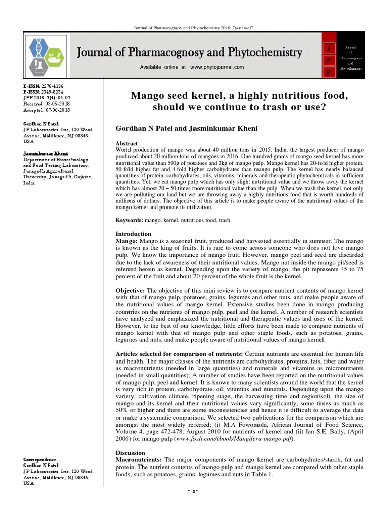 Mango Seed Kernel, A Highly Nutritious Food, Should We Continue To ...