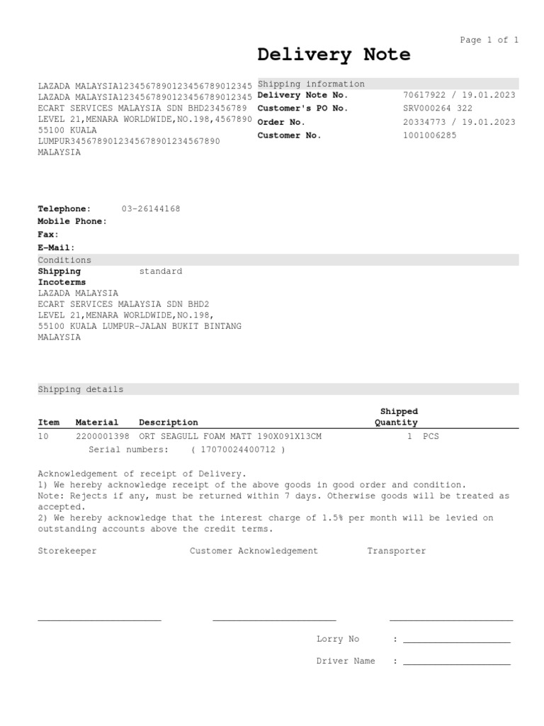 Delivery Note 70617922 PDF
