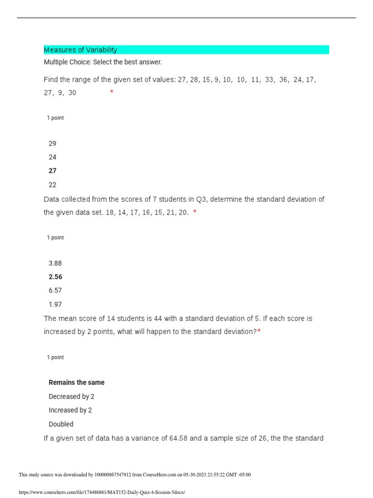 MAT152 Daily Quiz 4 Session 5 | PDF