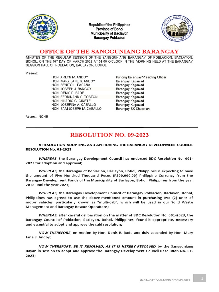 Barangay Resolution for Rescue Vehicles | PDF