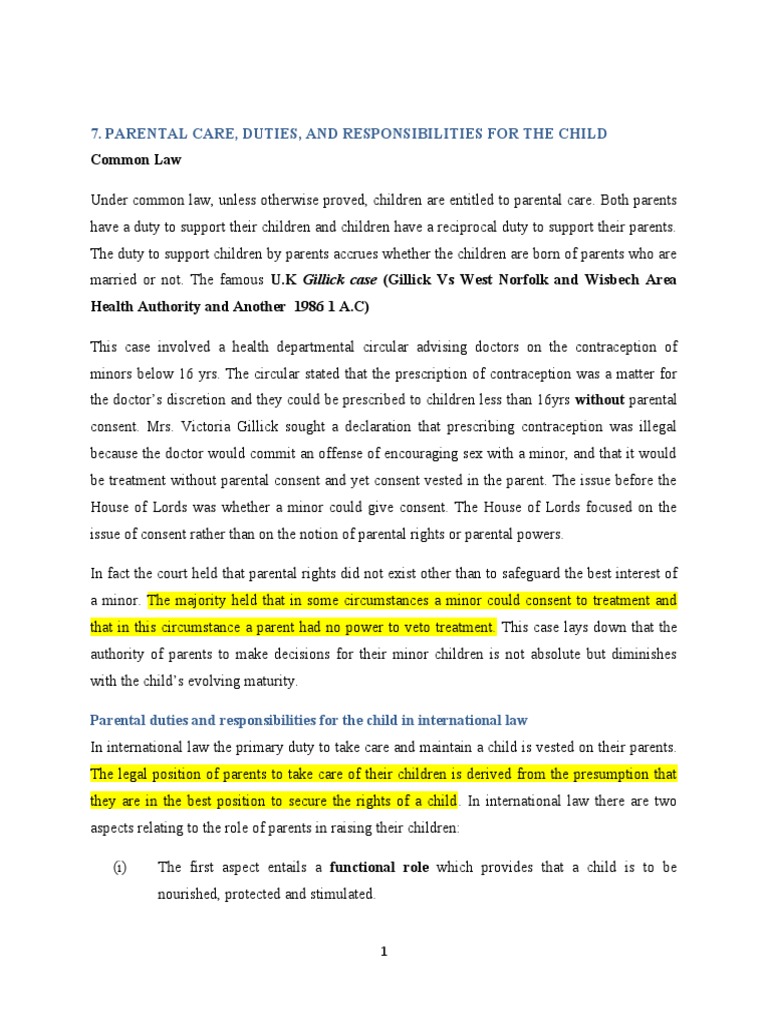 Parental Care and Responsibilities | PDF | Child Custody | Convention ...