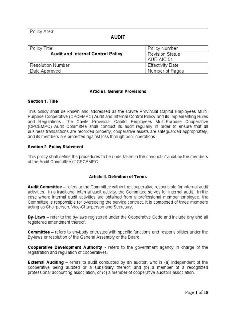 Audit and Internal Control Policy - CPCEMPC Updated As of 30 January ...