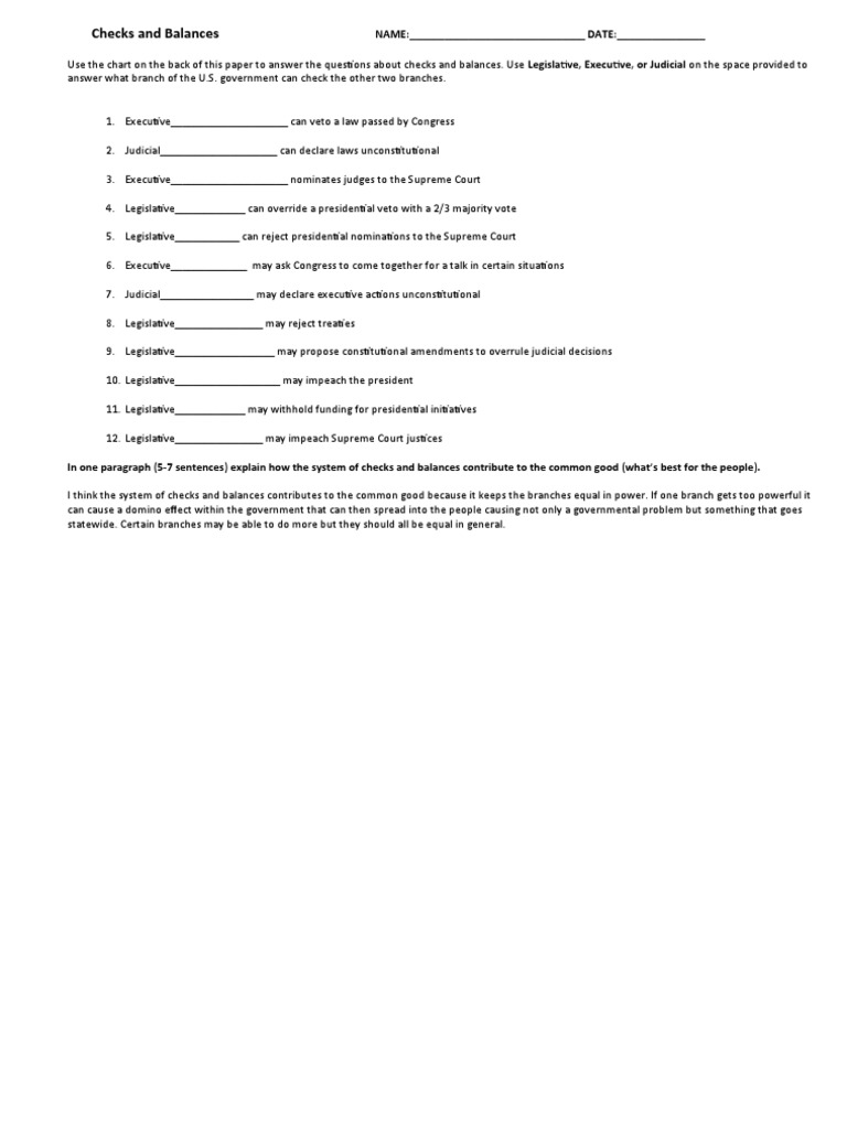 Checks and Balances Worksheet and Graphic Organizer PDF