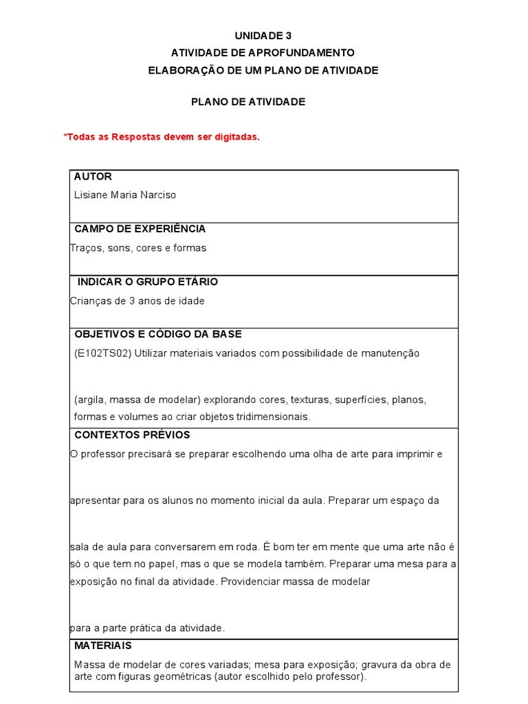 Prática de Ensino em Educação Infantil - Modelo Atividade III - Plano ...