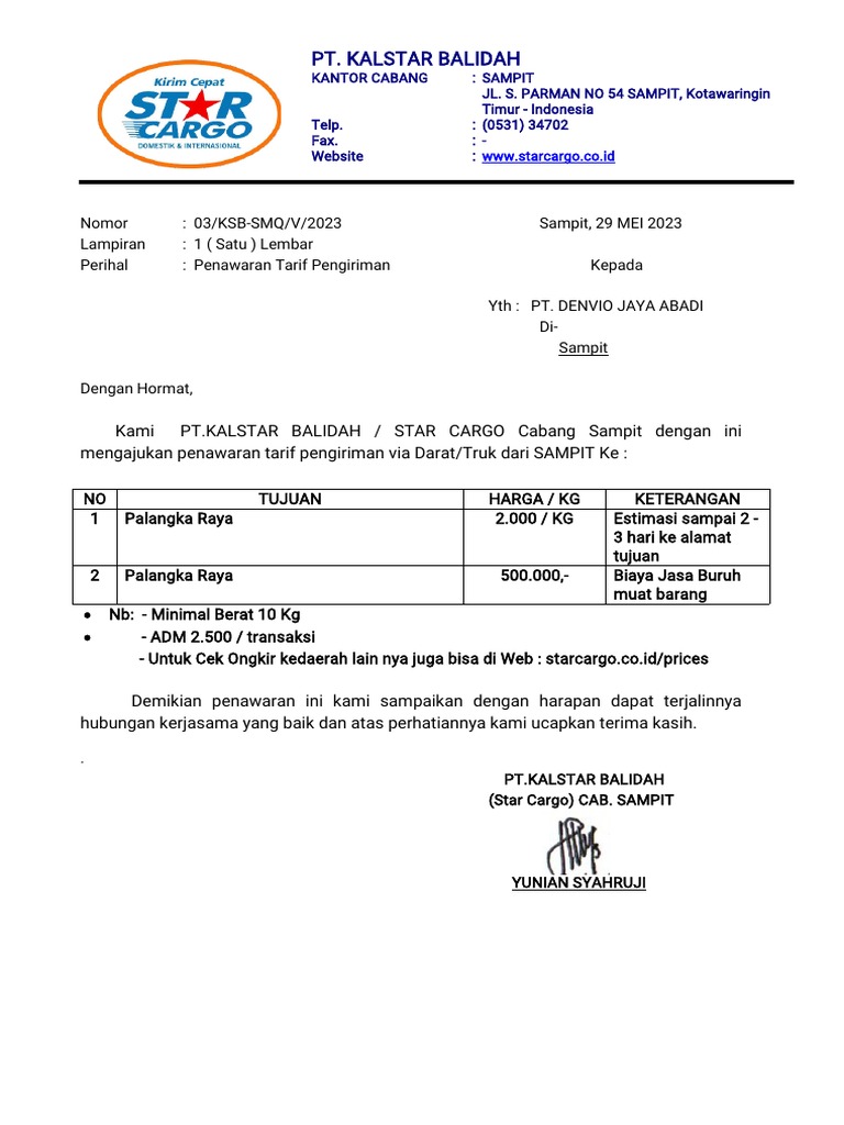 Penawaran Tarif Pengiriman Star Cargo | PDF