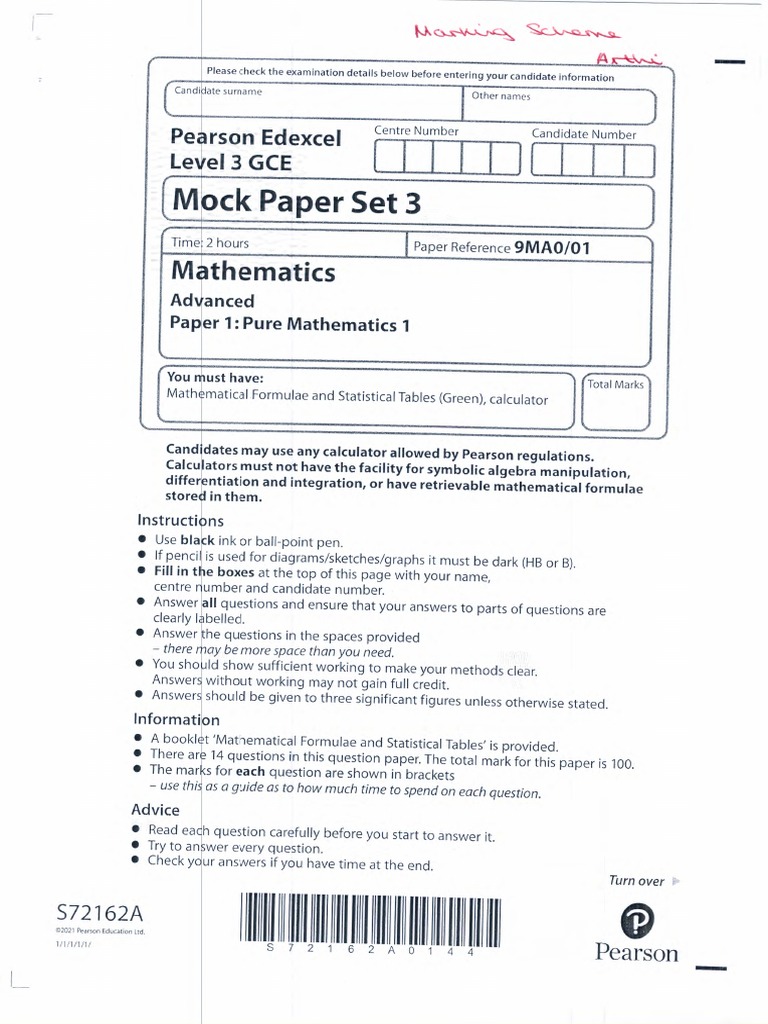 Paper 1 Pure Maths Mock Set 3 With My Solutions | PDF