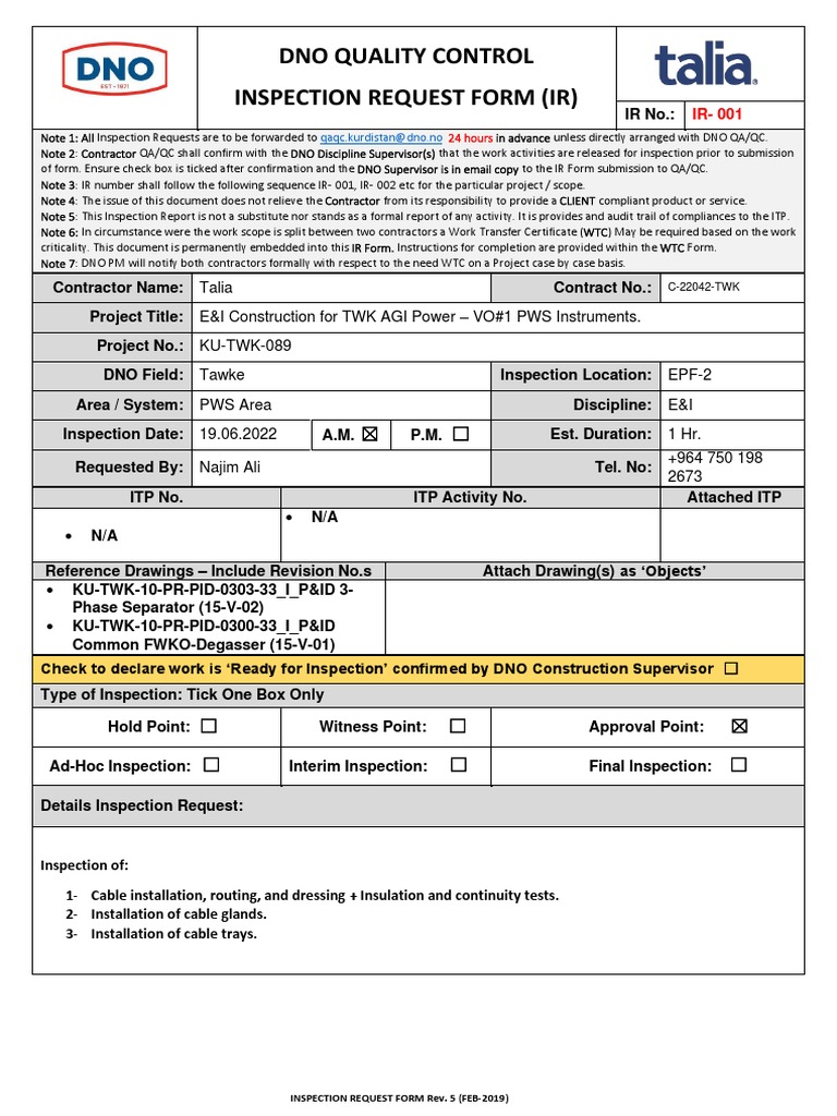 Inspection Request for Contractors | PDF
