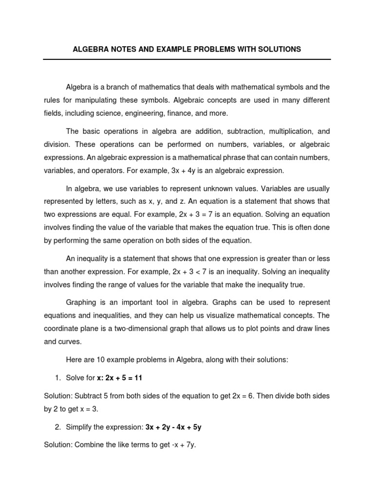 Algebra notes and example problems with solutions pdf