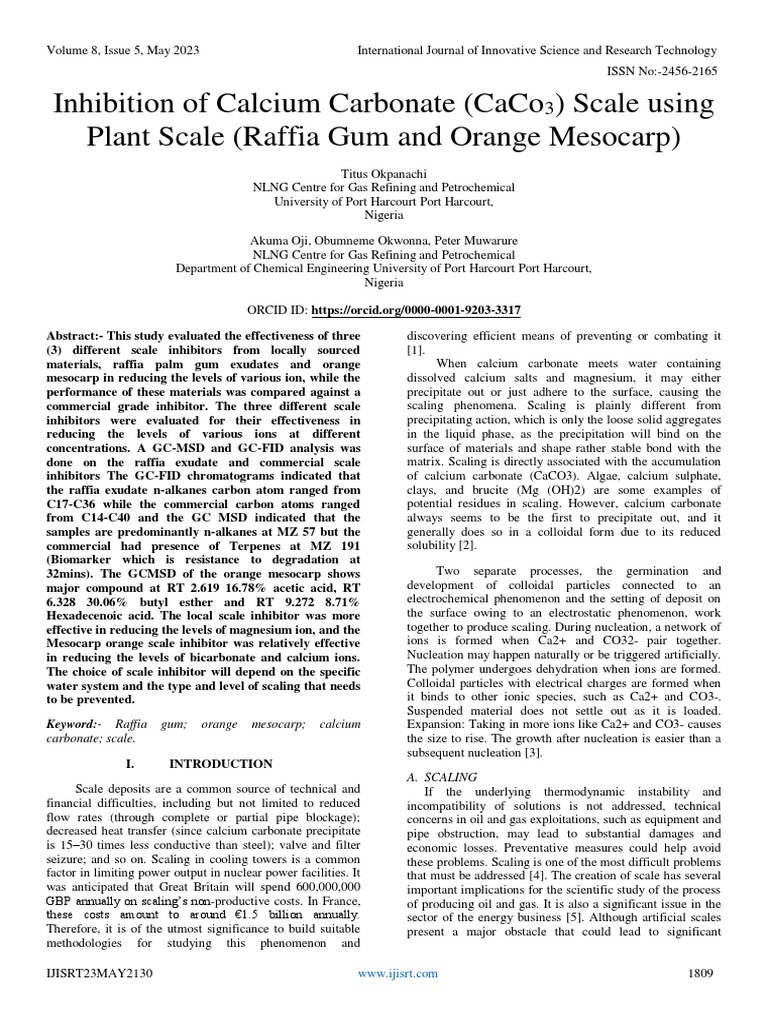 Inhibition of Calcium Carbonate (CaCo3) Scale Using Plant Scale (Raffia