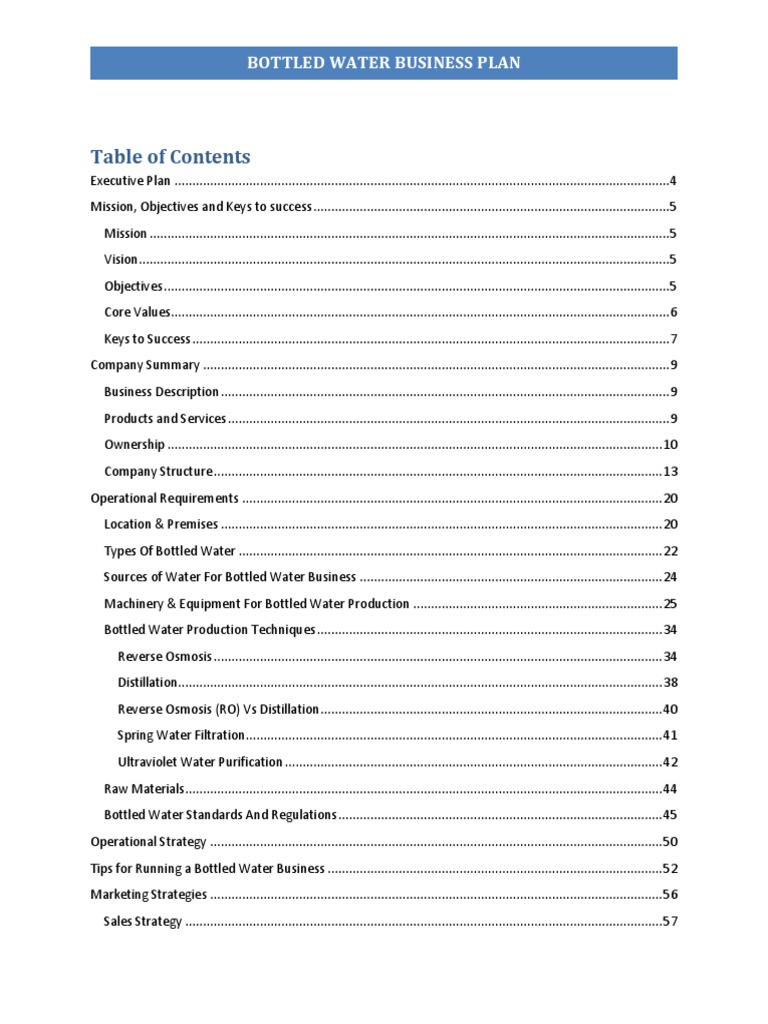 Bottled Water Business Plan Contents Table PDF Water Bottled Water