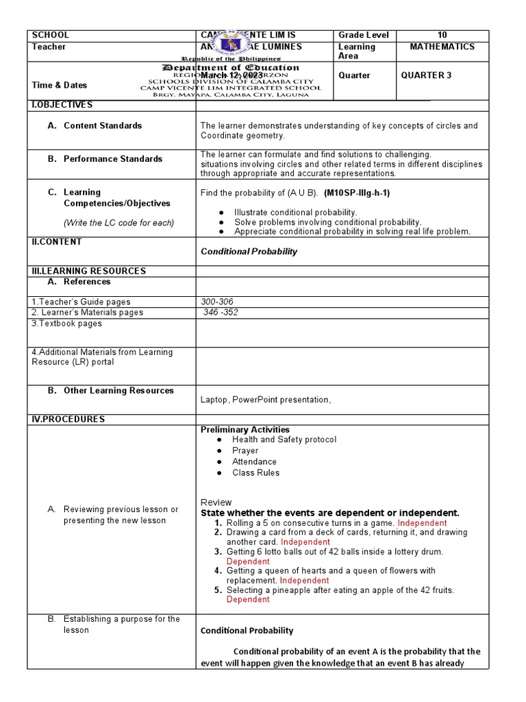 Conditional Probability Lesson Plan | PDF