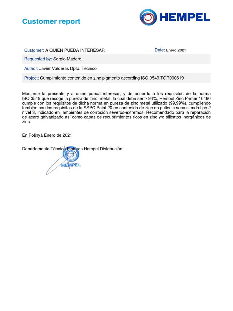 Cumplimiento ISO 3549 en Hempel Zinc Primer | PDF