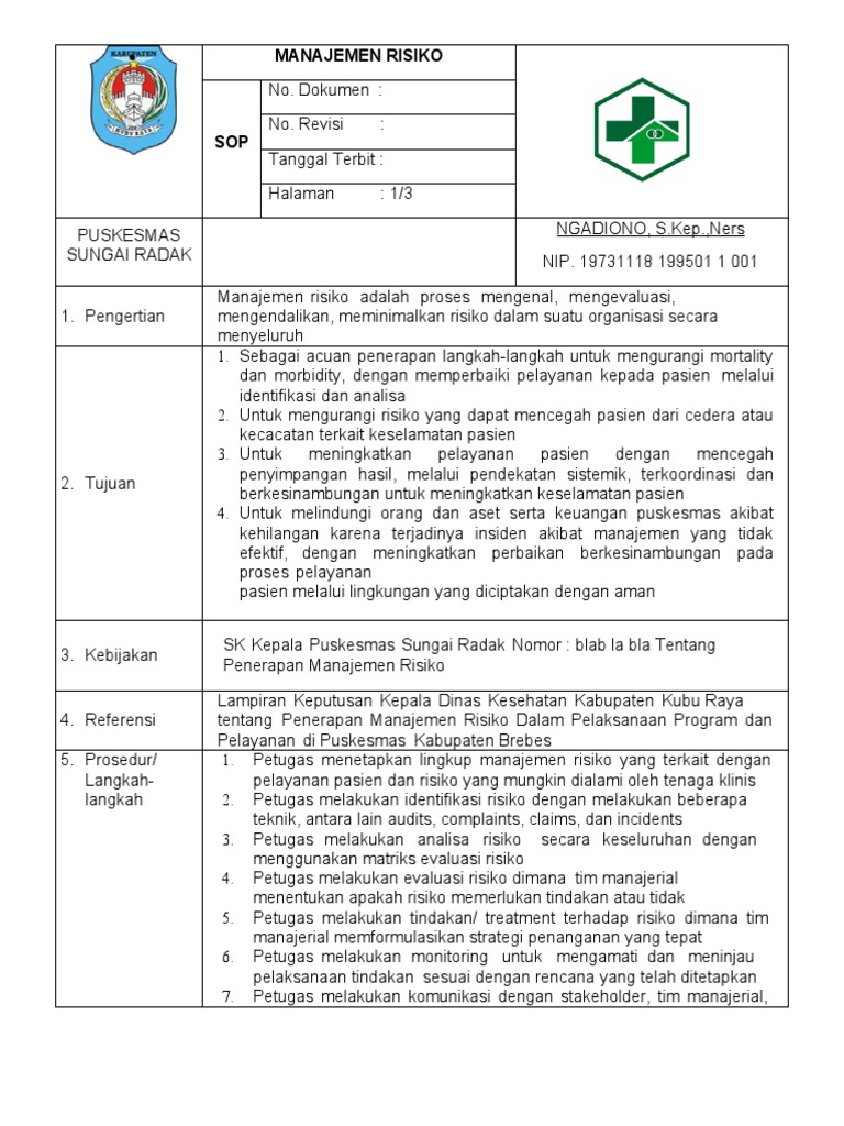 Sop Manajemen Risiko Puskesmas Sungai Radak | PDF