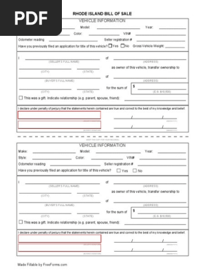 Rhode Island Motor Vehicle Bill of Sale Form