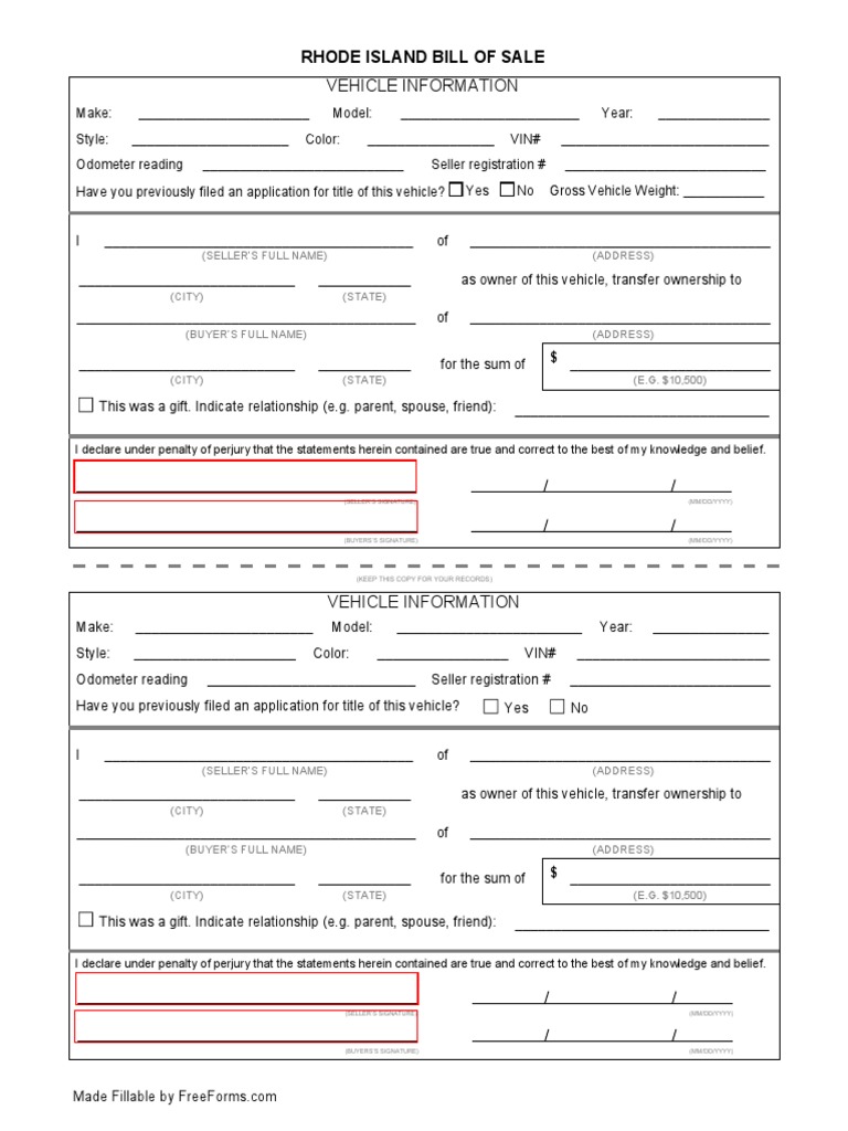 Rhode Island Motor Vehicle Bill of Sale Form PDF Sales Vehicles