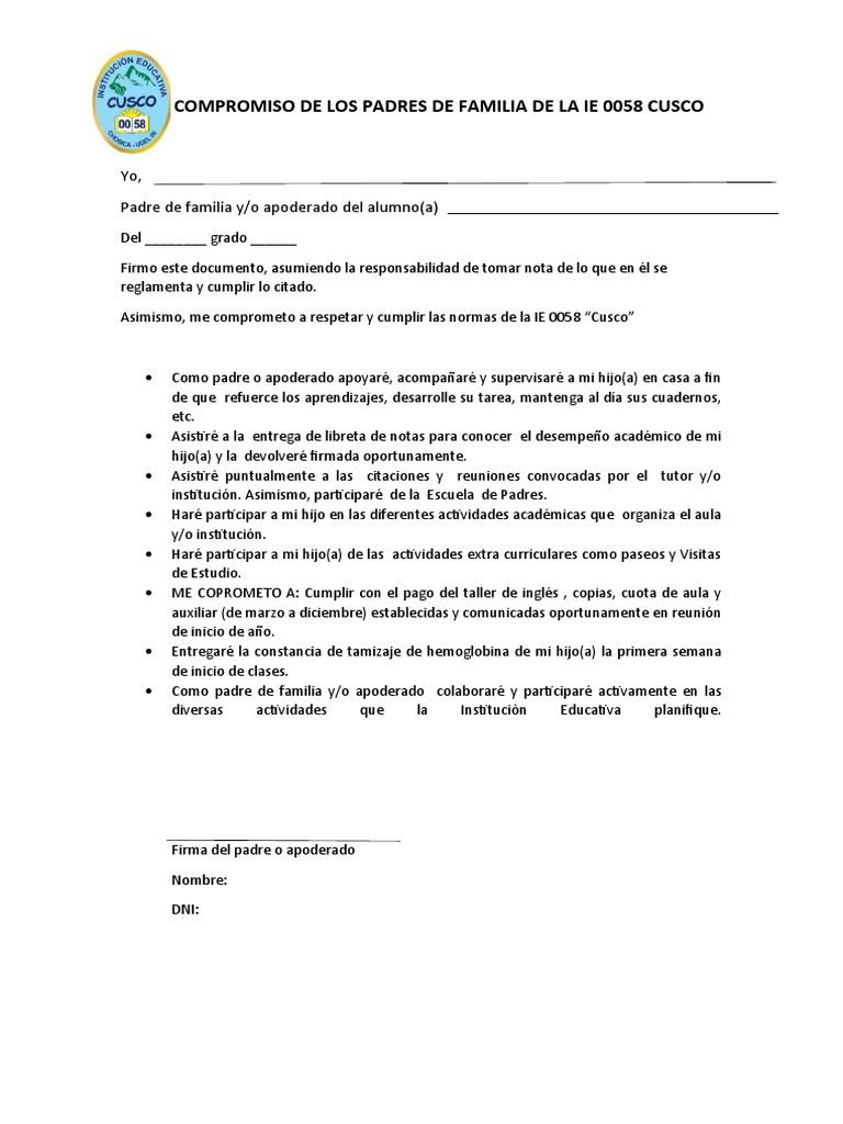 Compromiso de Los Padres de Familia de La Ie 0058 Cusco | PDF ...