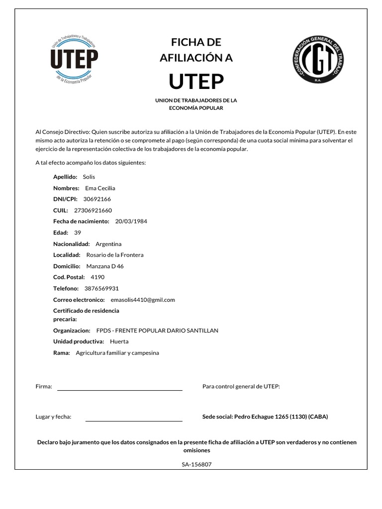 Ficha de Afiliación a UTEP: Ema Solis | PDF