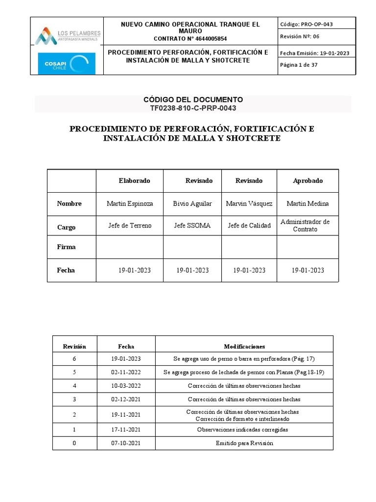 Procedimiento perforacion fortificacion e instalacion de malla y