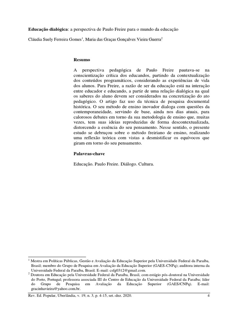 Educação Dialógica na Perspectiva Freiriana | PDF | Pedagogia | Aprendizado