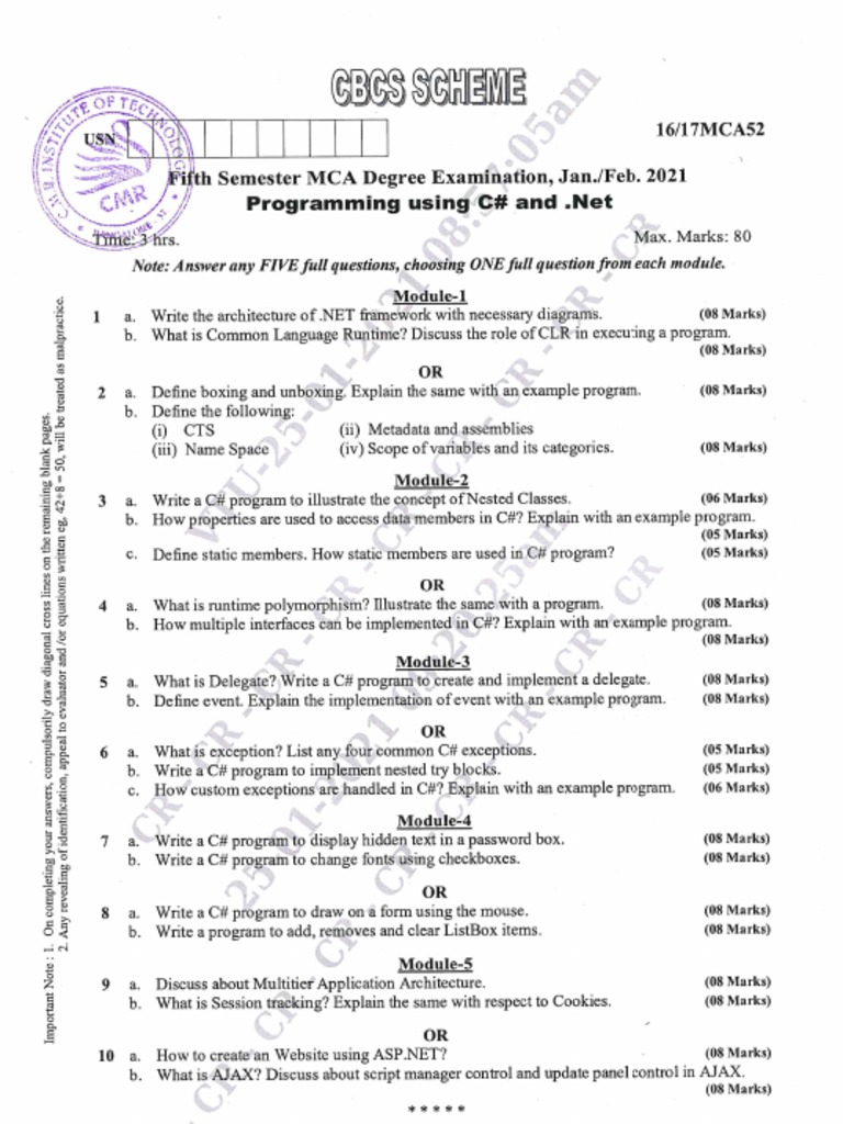 VTU Question Paper of 1617MCA52 Programming Using C and Jan2021