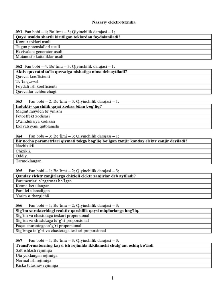 Nazariy Elektrotexnika 200 Talik Test | PDF