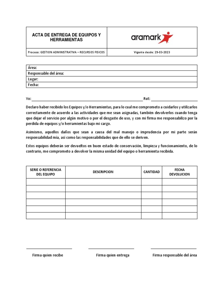 Acta de Entrega de Equipos y Herramientas | PDF