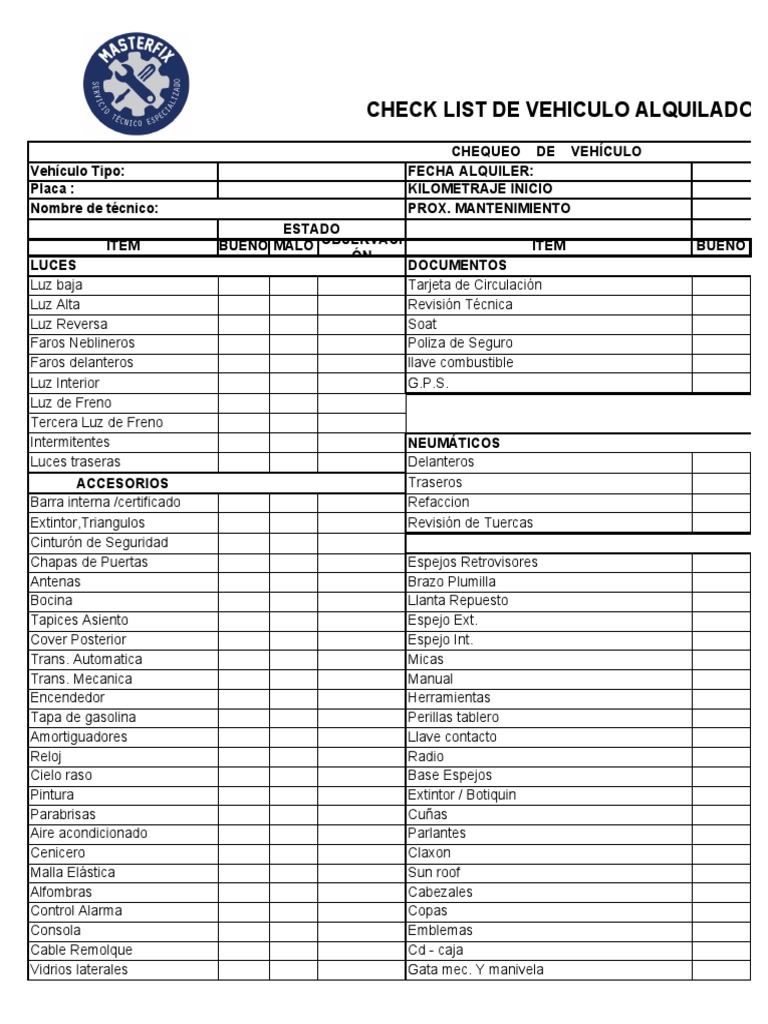 Check List Vehículo Alquilado | PDF | Carros deportivos | Fabricantes ...