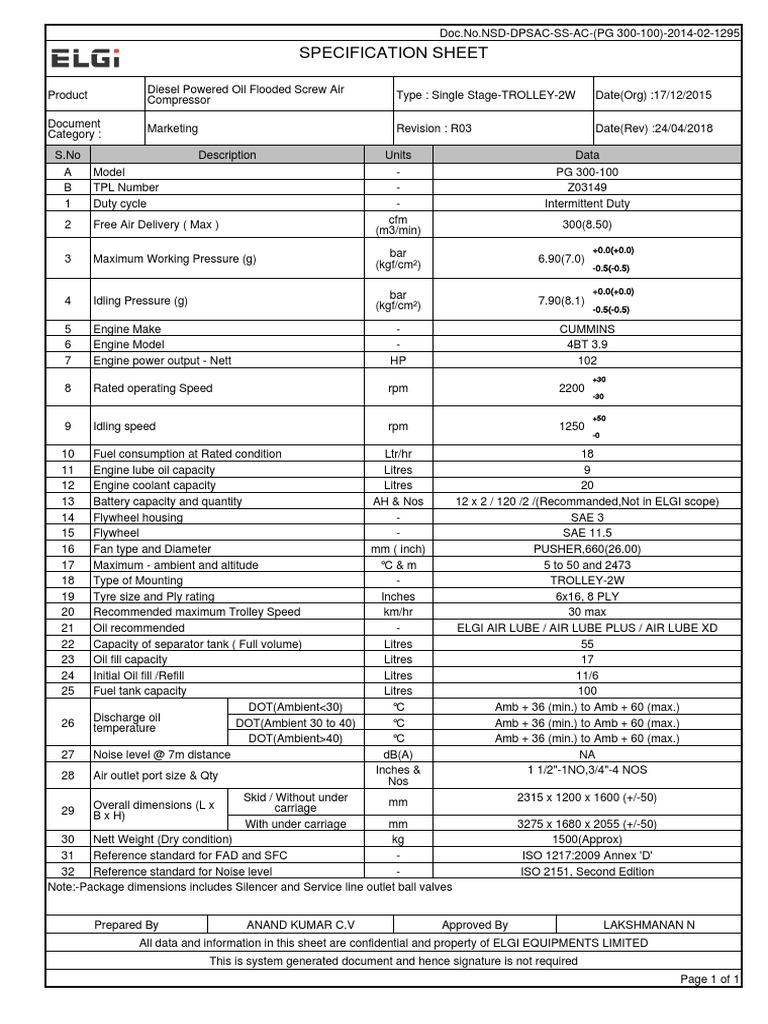 ELGI PG 300-100 Compressor Specs | PDF | Horsepower | Engines