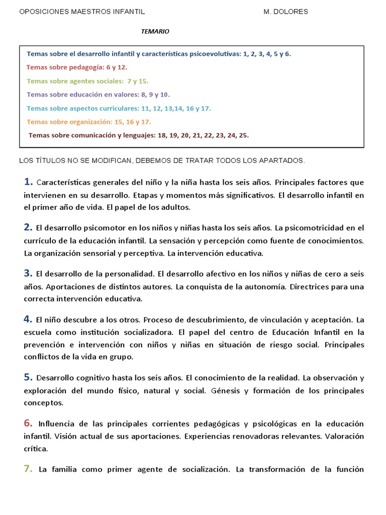Temario Oposiciones Maestro Infantil | PDF | Educación de la primera ...