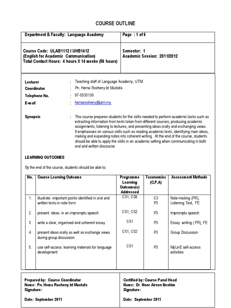 ENG101 Course Outline UTM 2011/2012 | PDF | Lecture | Educational ...
