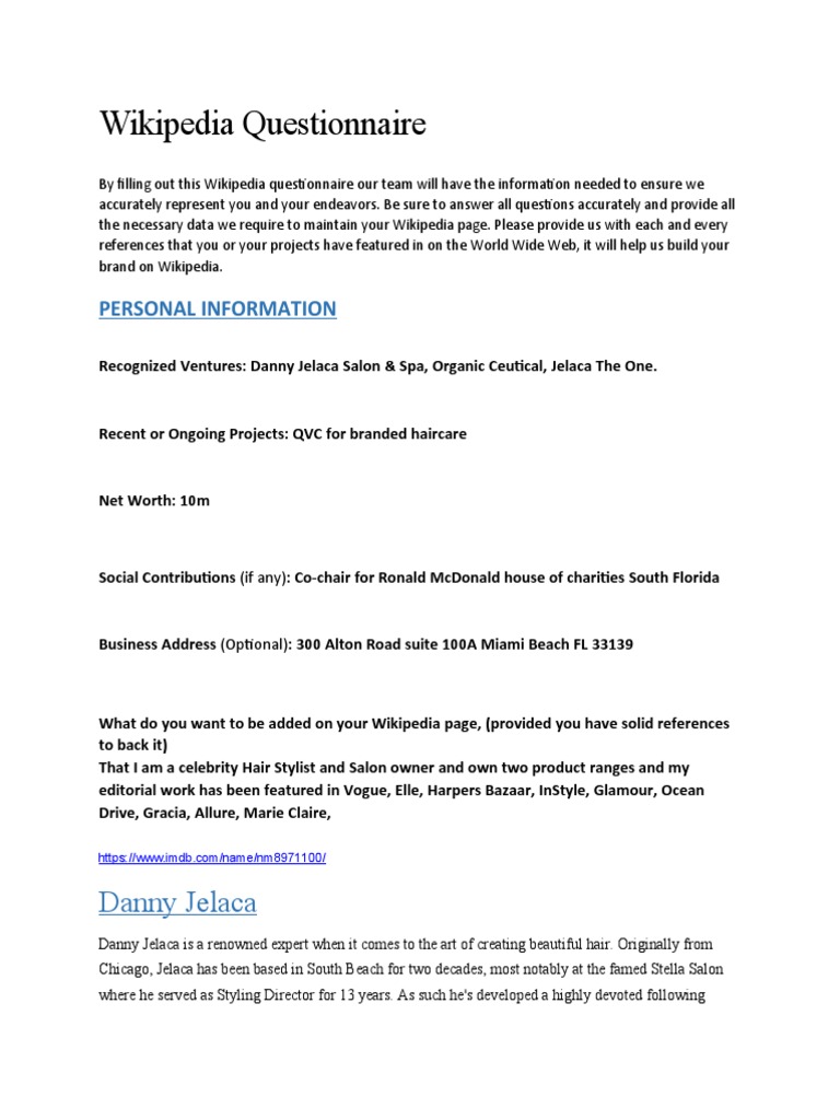 Celebrity Hair Stylist Wiki Form | PDF