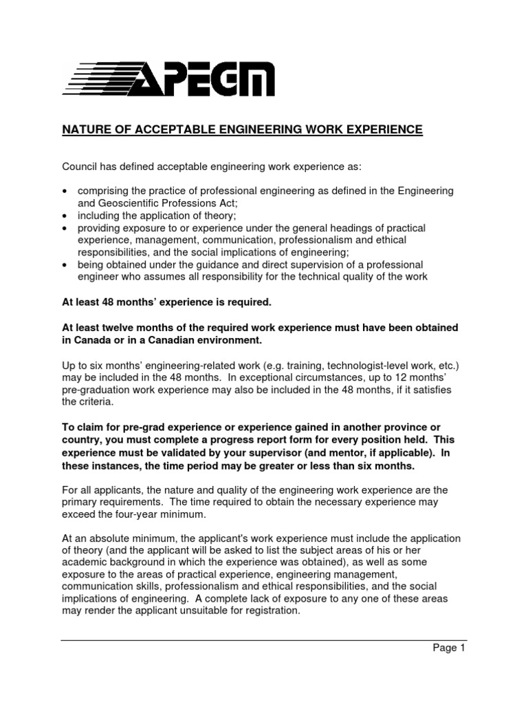 Acceptable Engineering Work Experience | PDF | Reliability Engineering ...