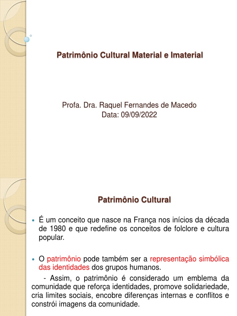 Aula 3 Patrimonio Cultural Material e Imaterial | PDF | Herança ...