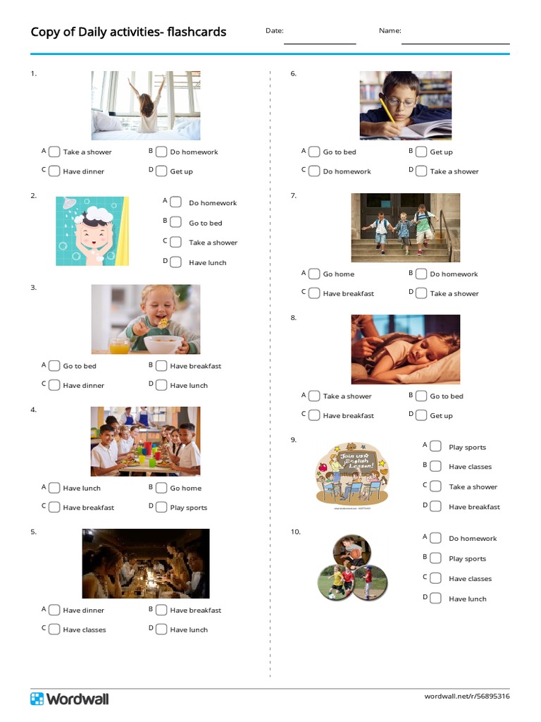 Daily Activities Flashcards Quiz PDF