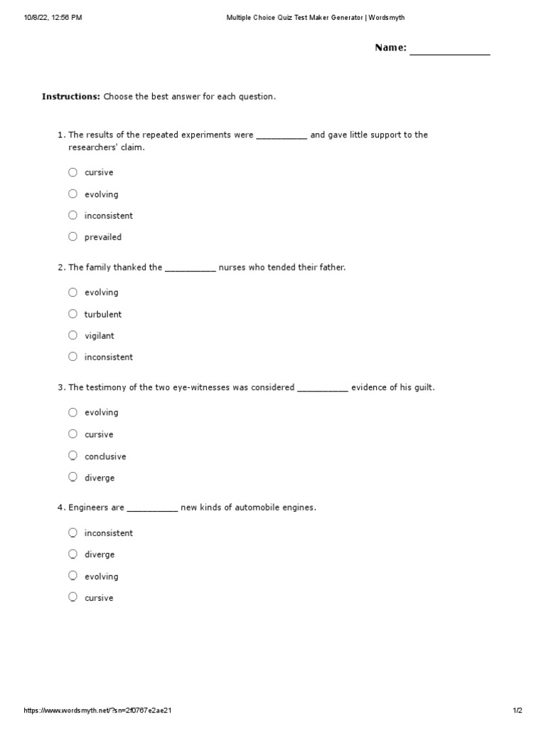 Multiple choice quiz test maker generator wordsmyth pdf