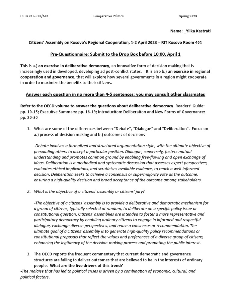 Pre Assembly Questionnaire Download Free PDF Political Science